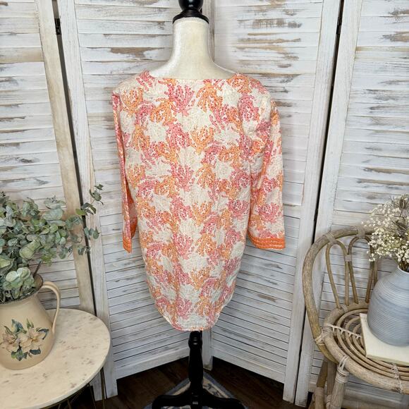 J. JILL Women's L Coral Reef Embroidered Tunic Top Linen Orange Cream Beachy - Picture 6 of 16